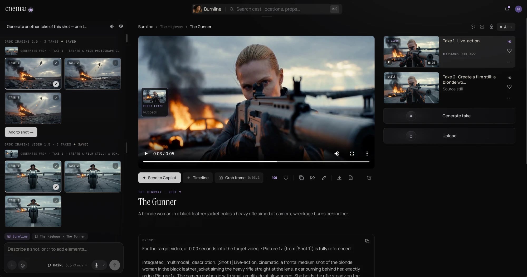 A shot page with its first frame, the take playing, and its stills and video takes listed beside it
