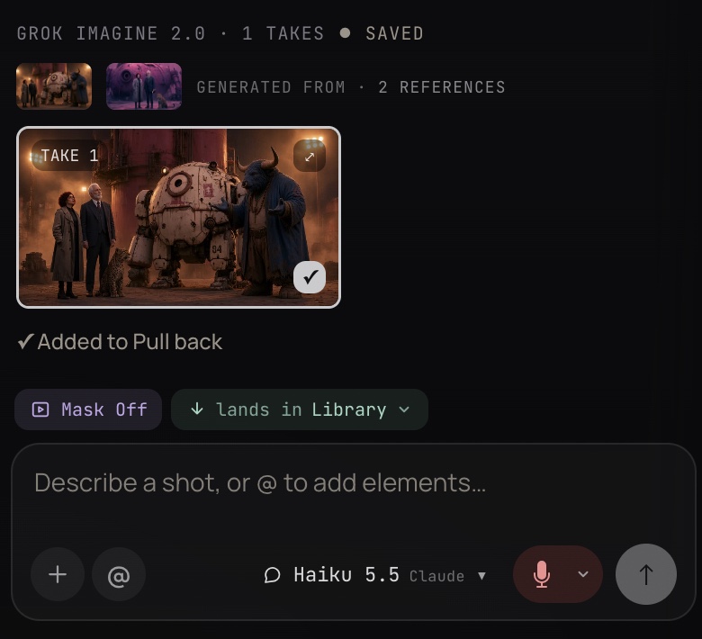 The Copilot panel: a take generated from two references, added to the shot Pull back