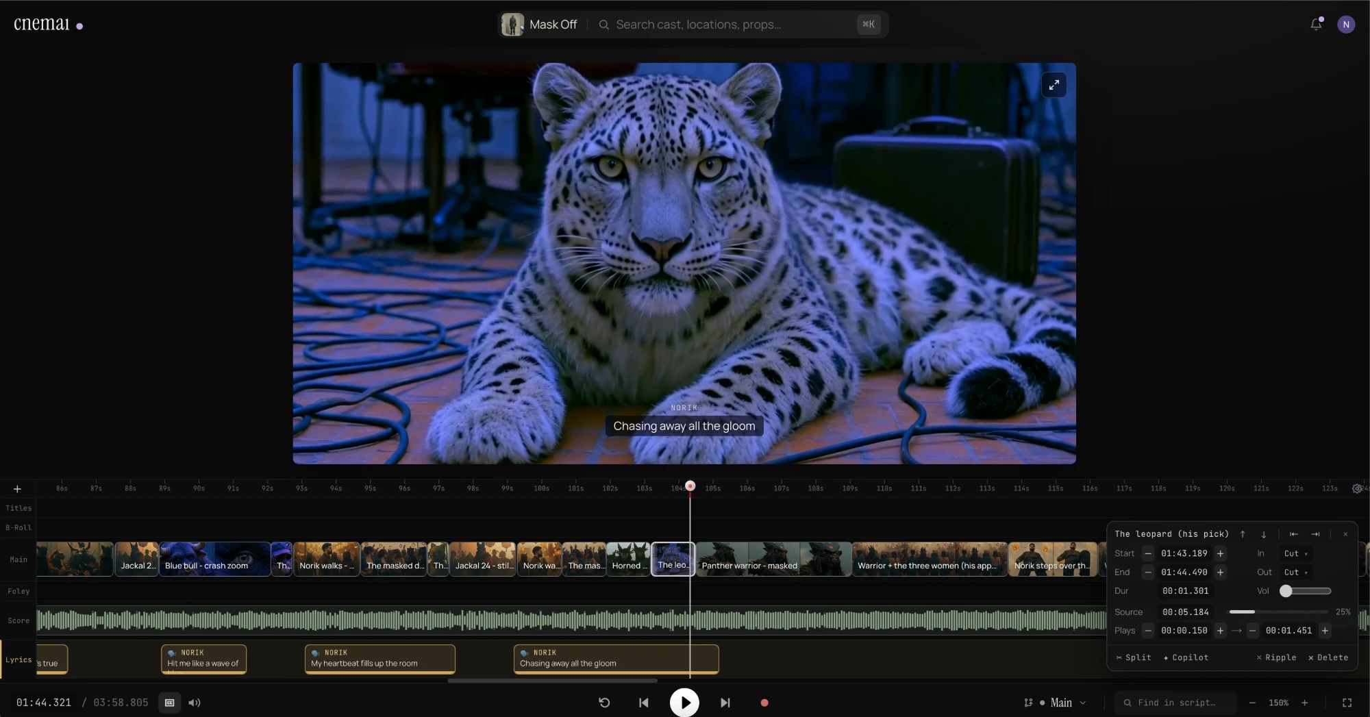 The cnemai timeline on Face Masks Off: a snow leopard shot under the sung line, takes on the Main lane, the song on Score