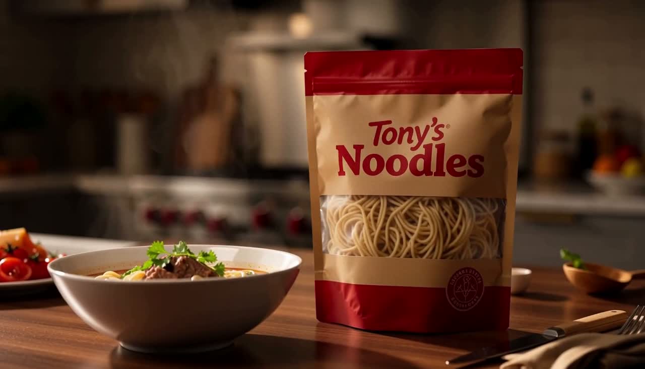 The Tony's Noodles pack, a red and kraft pouch of noodles, beside a bowl of beef noodle soup