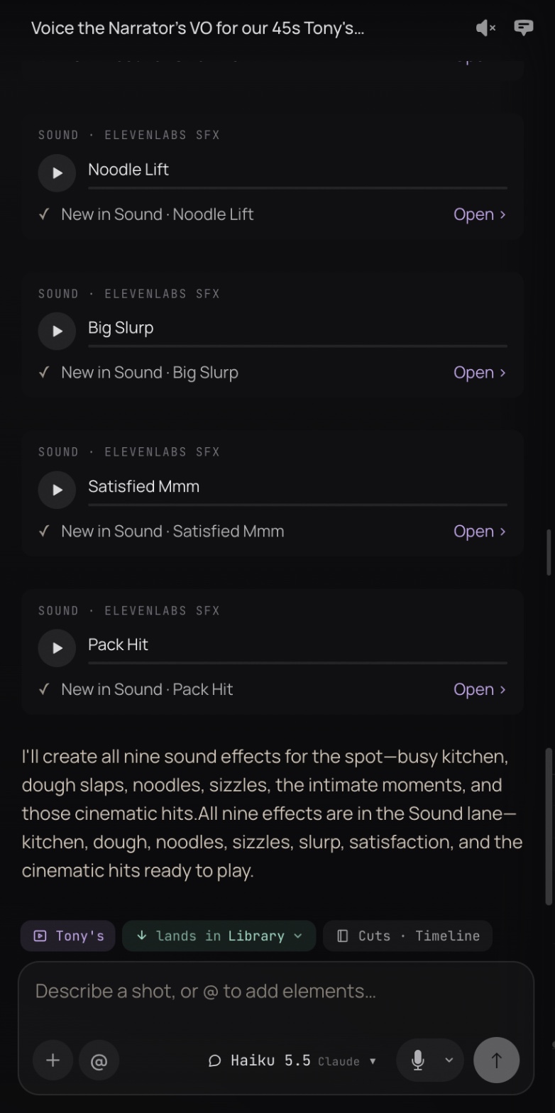 Sound effects named Noodle Lift, Big Slurp, Satisfied Mmm and Pack Hit, each new in the Sound lane
