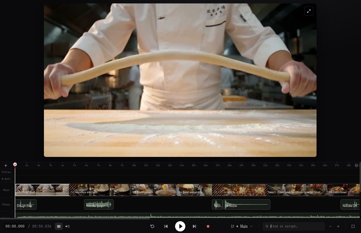 Tony's Noodles on the studio timeline: the player above the Main, Foley and Ambience lanes