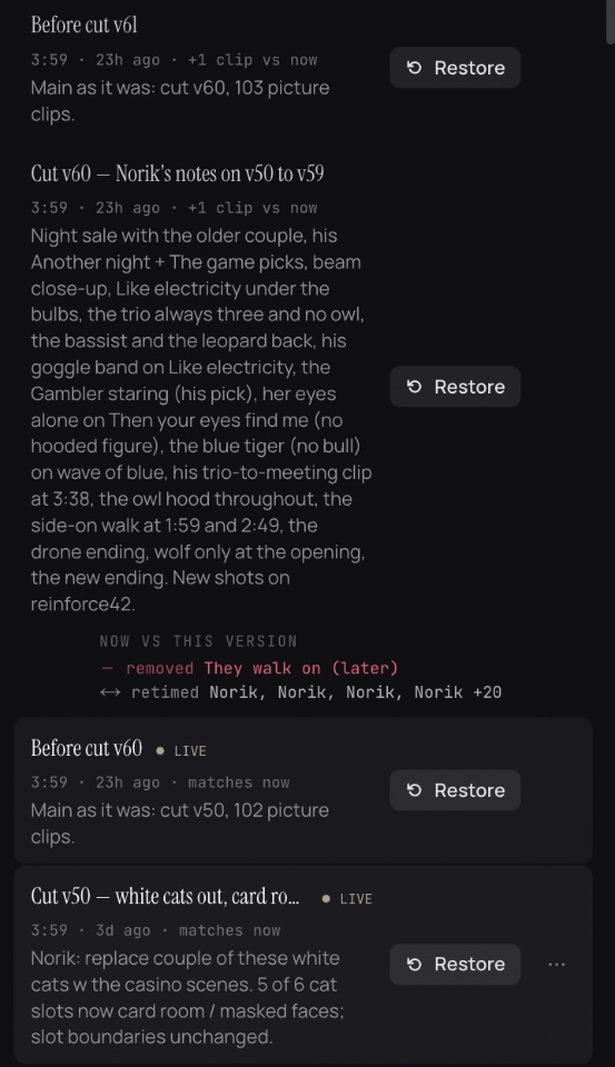 Version history: cut v60 with its notes, a comparison against the live cut, and Restore on every version