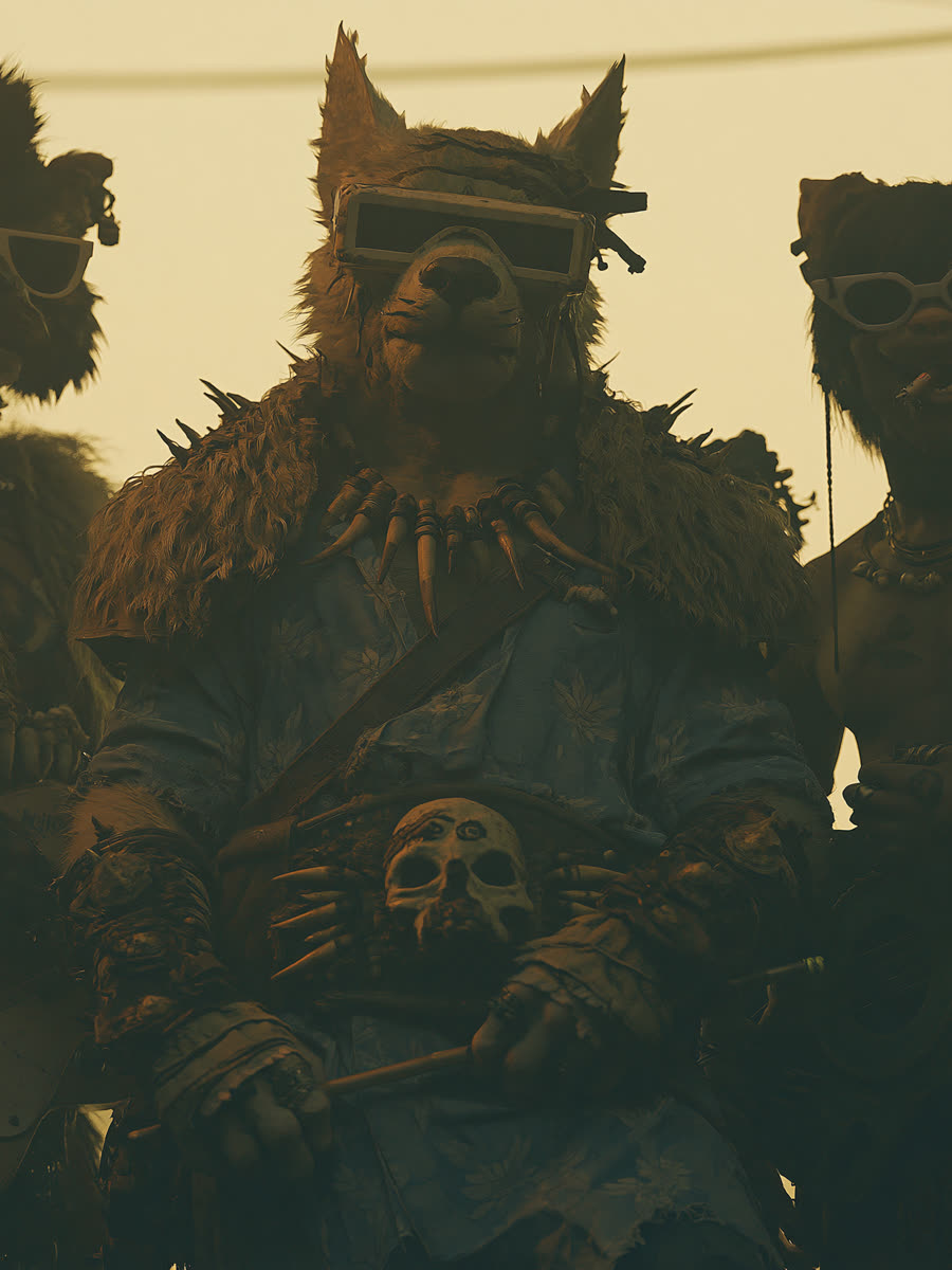 The Broker — a wolf in a visor and a bone collar, skull in hand, flanked by his band