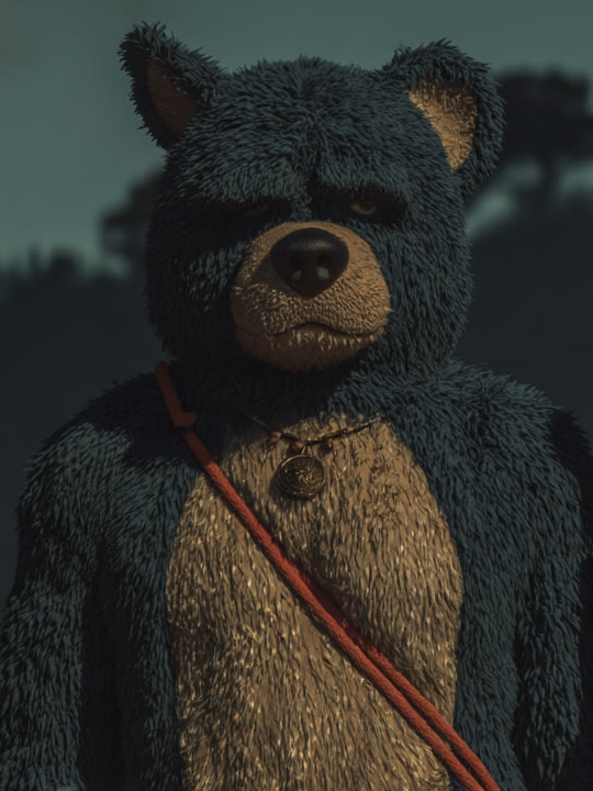 Echo — a blue plush bear with a red satchel strap, at the treeline