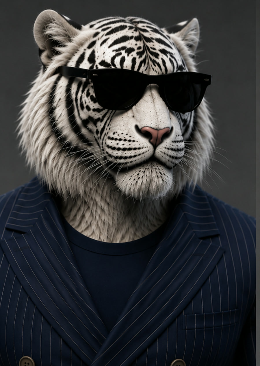 Niro — a white tiger in sunglasses and a navy pinstripe suit