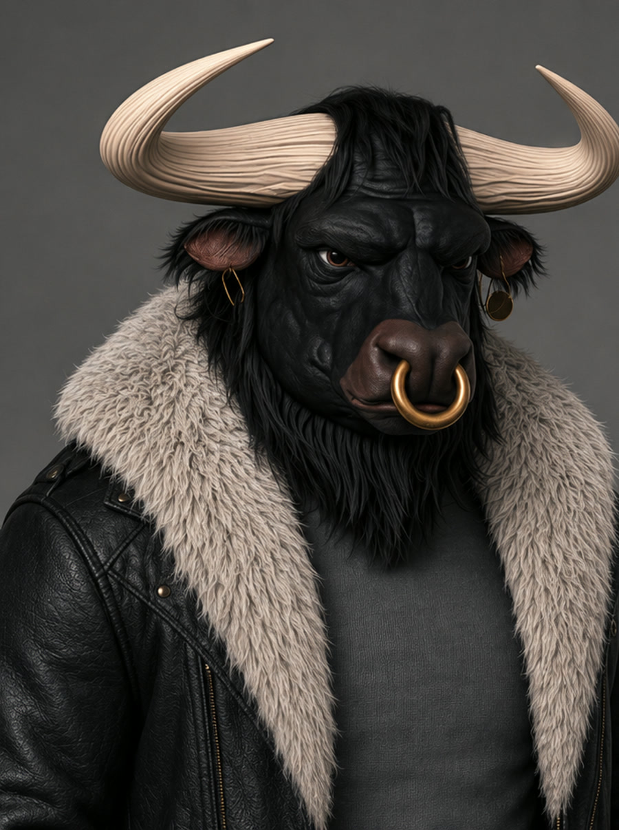 Rafael — a black bull with pale horns, a gold nose ring and a shearling jacket