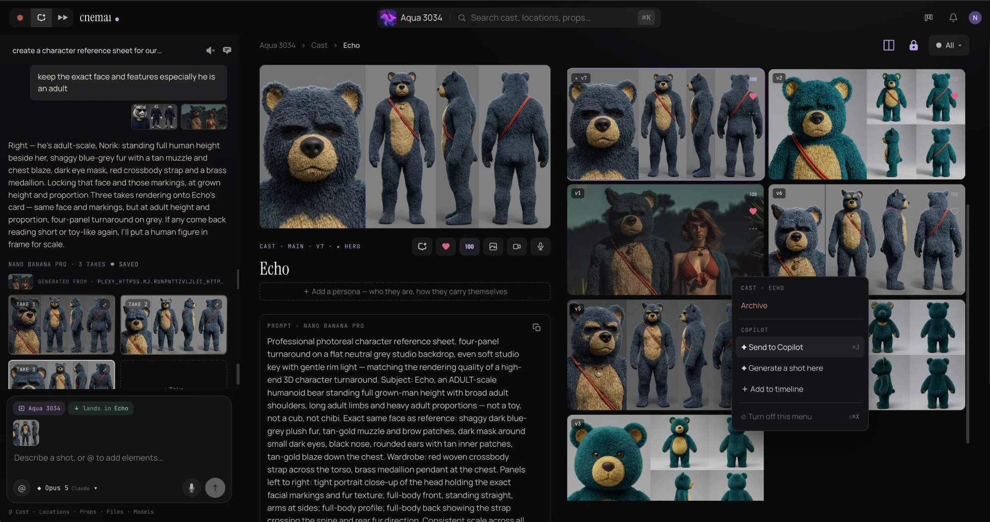 Copilot on the left mid-conversation about Echo, with the three takes it just made; Echo's cast sheet open in the centre with its four-panel turnaround; the sheet's other versions on the right, one right-clicked to Send to Copilot