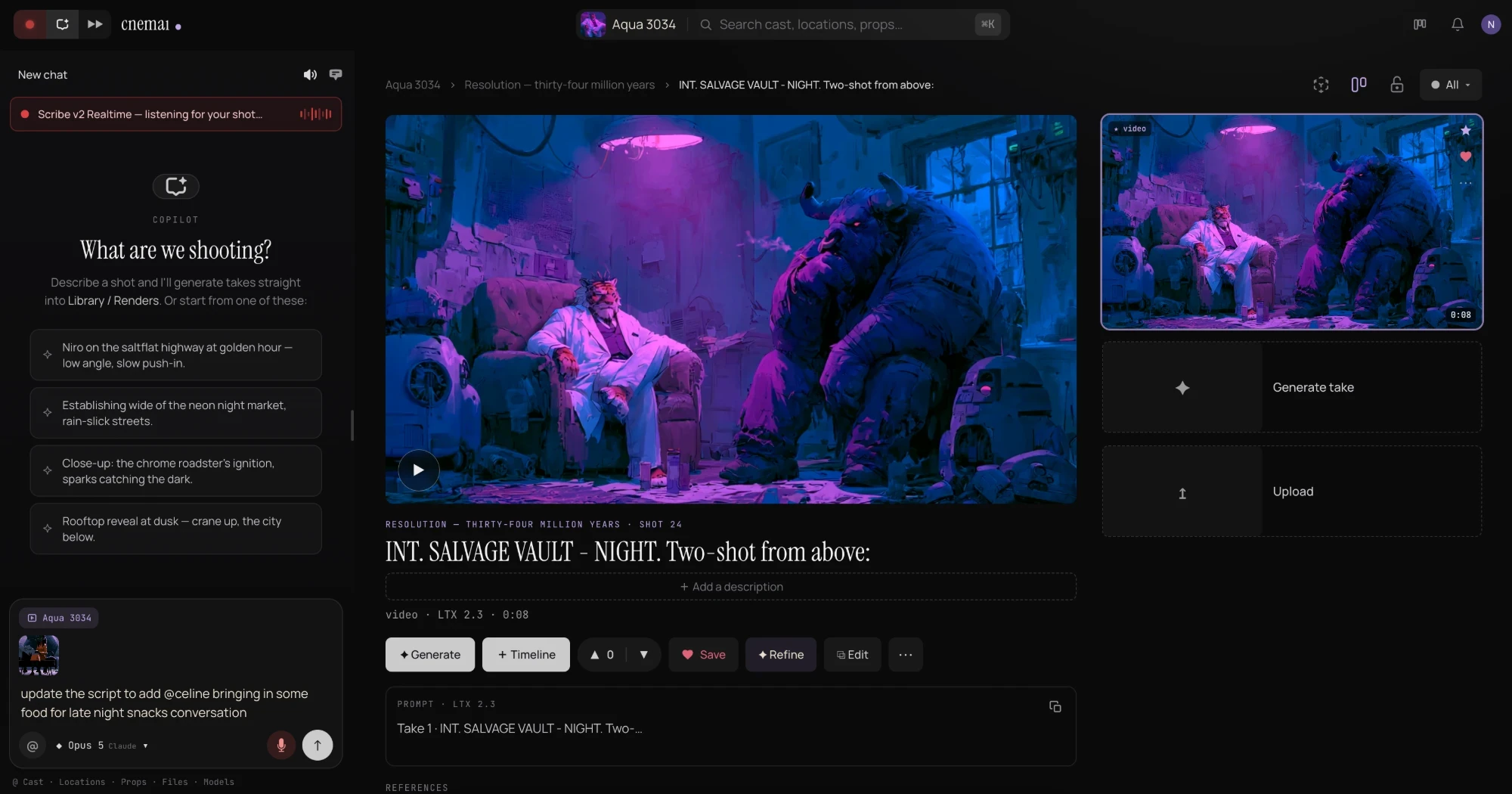 The Tiny Cinema studio — Copilot on the left listening for a shot; the Aqua 3034 shot page with a two-shot of Niro and the Bull in the salvage vault; Generate take and Upload on the right