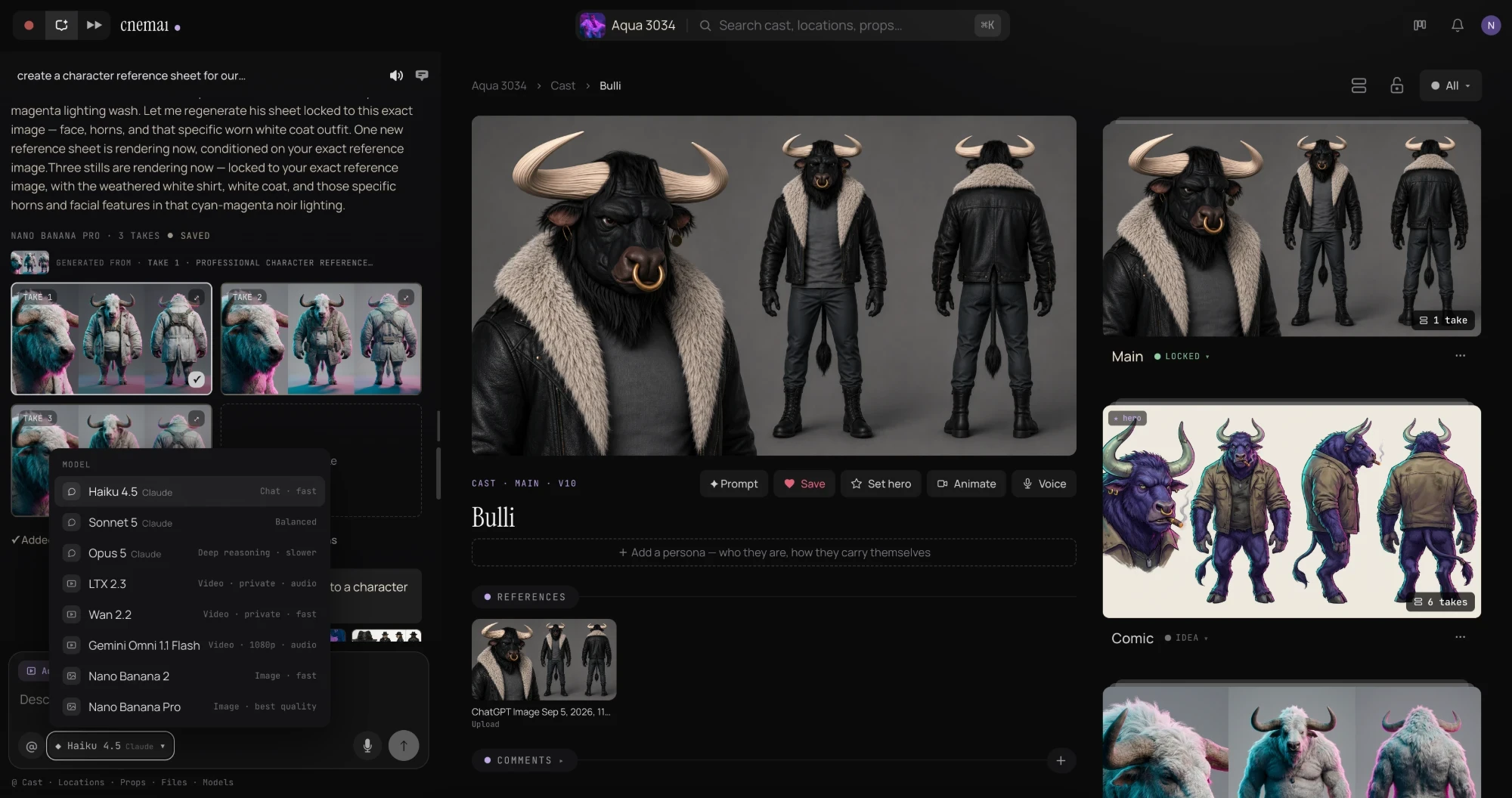 The Bulli cast page in Tiny Cinema — a three-view character reference sheet locked as the Main look; a ChatGPT-generated reference filed under References; the Comic and hero variants on the right; Copilot's model picker open on the left